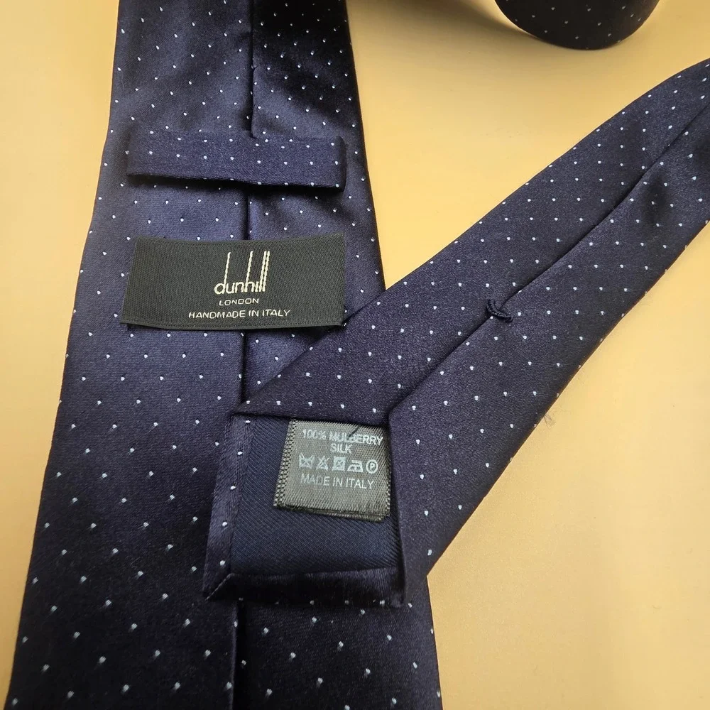 Dunhill London Navy Blue Pin Dot Silk Tie Handmade in Italy Mens Necktie Luxury
